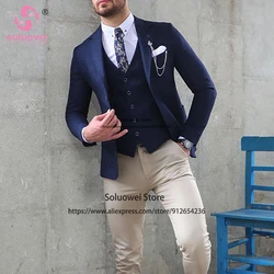 Moda damat düğün takımları erkekler için Slim Fit 3 parça ceket yelek pantolon seti erkek resmi çentik yaka smokin kostüm...