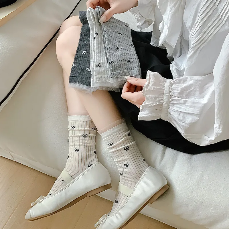 

Японские балетные женские носки с вышитым бантом, летние хлопковые дышащие средние носки-трубы с бантом в стиле Лолиты для девочек, кружевные носки с рюшами