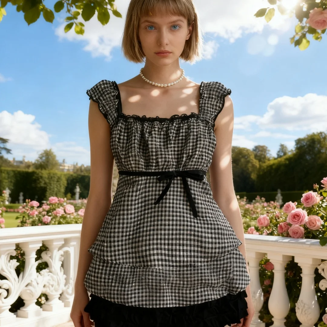 Damen Coquette Gingham Minikleid 2026 Quadratischer Ausschnitt Rüschensaum Schleifendetail Spitzenbesatz Freizeitkleid