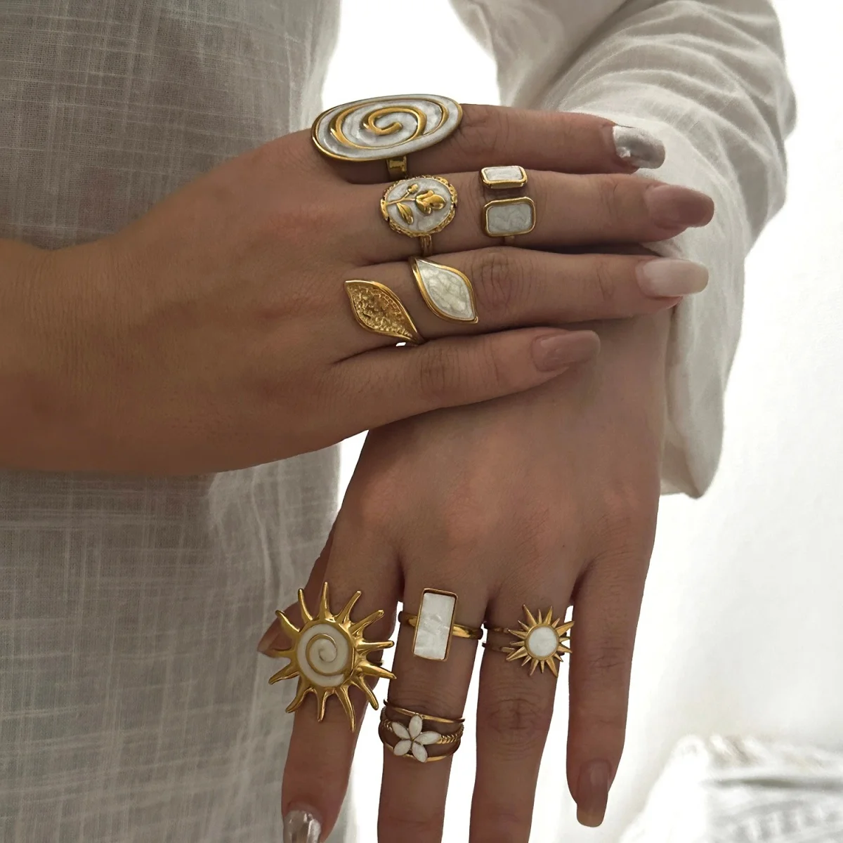 Edelstahl-Emaille-Spiral-Geometrie-Fingerringe für Damen und Herren, Vintage Französische Sonnen-Blatt-Blumen-Ringe, Modeschmuck für Partys. – Detail 15