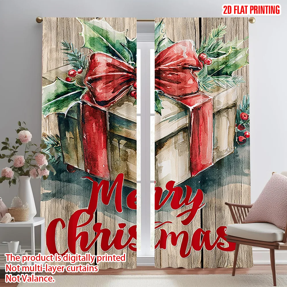 2pcs,2D plane printing Curtain Fabric Holly Berries & Gift Box 100% Polyester (without rod) Art Deco Festive Use for Living