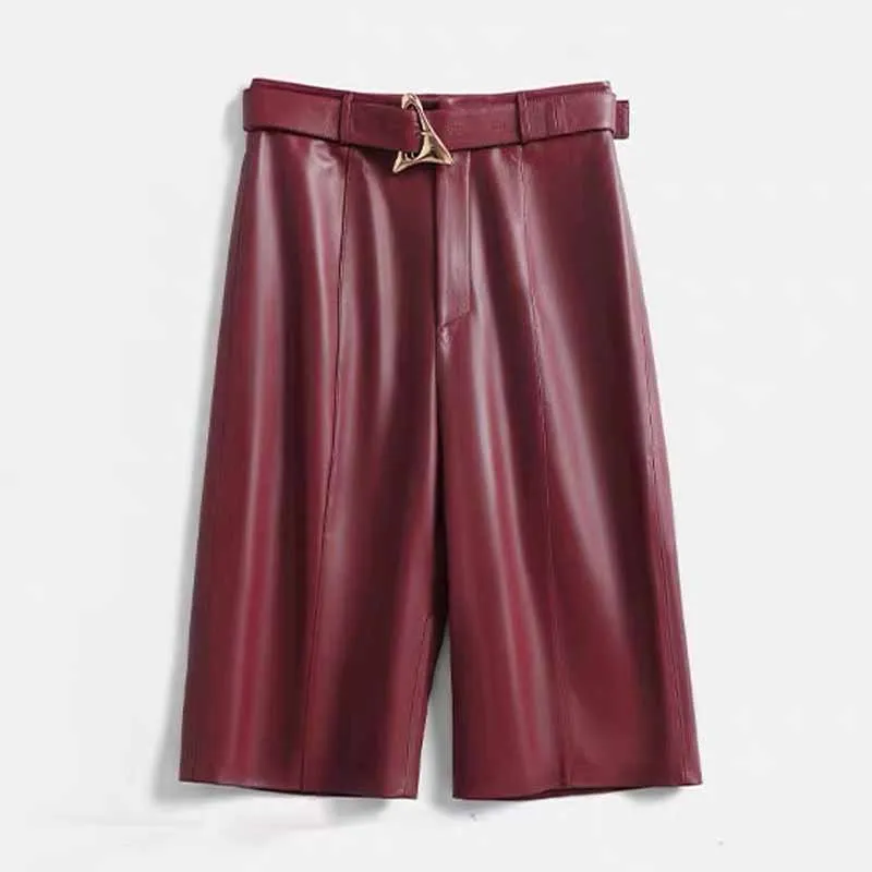 Spring Women's Genuine Leather Shorts Female Handsome Straight High Waist Suit Shorts Casual Wide 65cm Knee Lenth Trousers Women