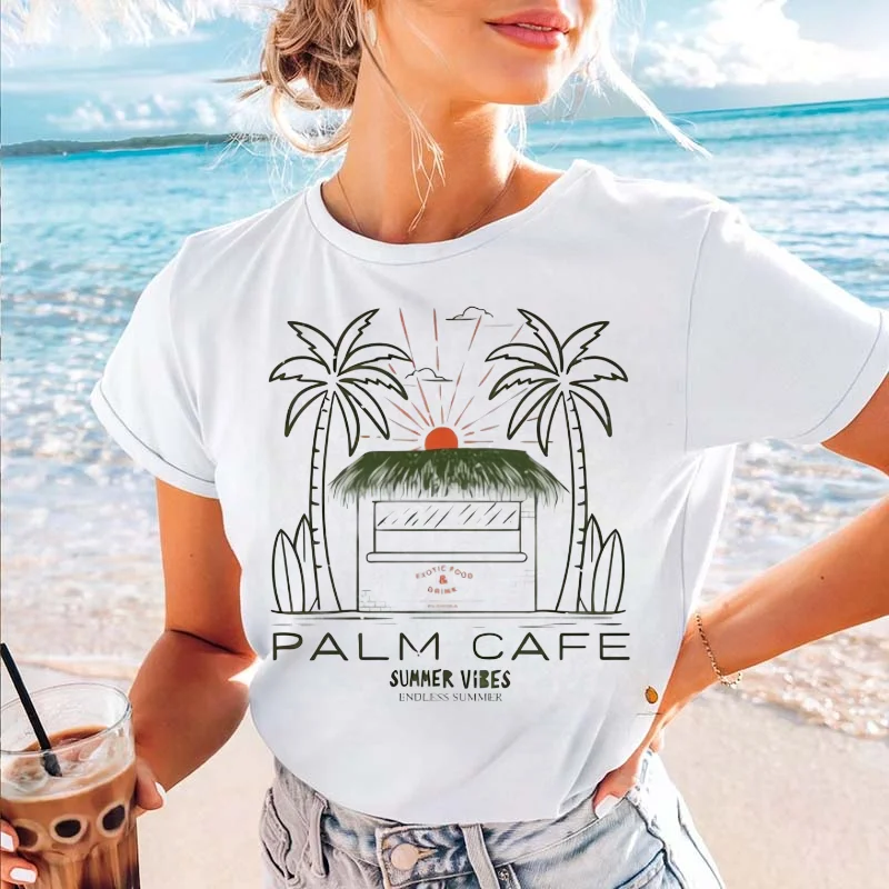 

Palm Pattern Retro Short Sleeve Clothing Summer Beach Vacation Pattern Printed Cartoon Basic Women's Top Casual Style T-Shirt