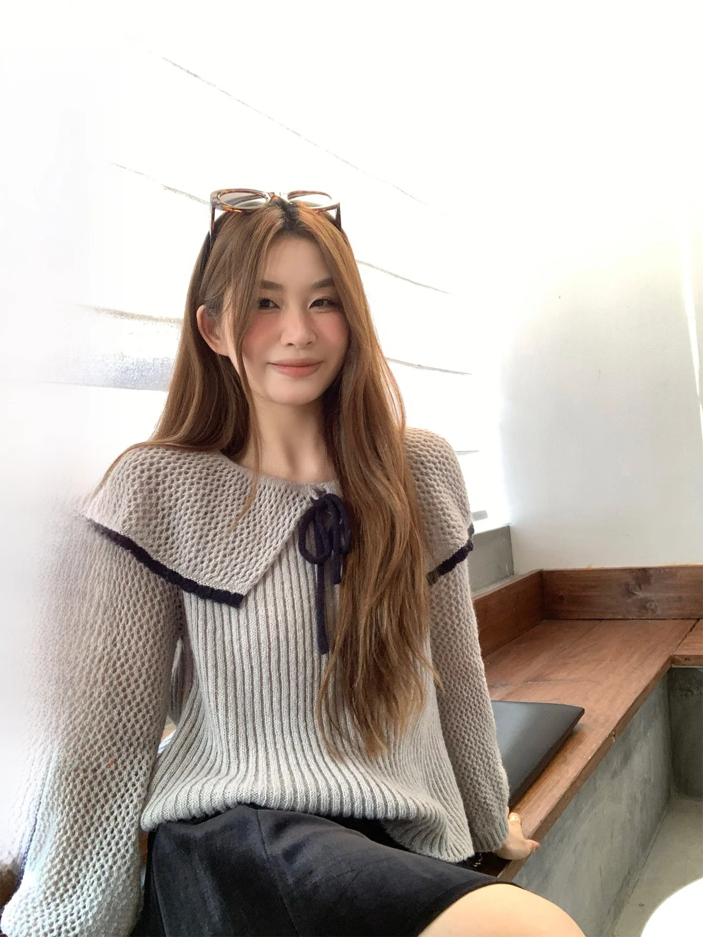 

Warm Collar Sweater Knot Sweet Sle Long Sve Knitted irt for Girls Youthful Design Fce-Lined Autumn Top