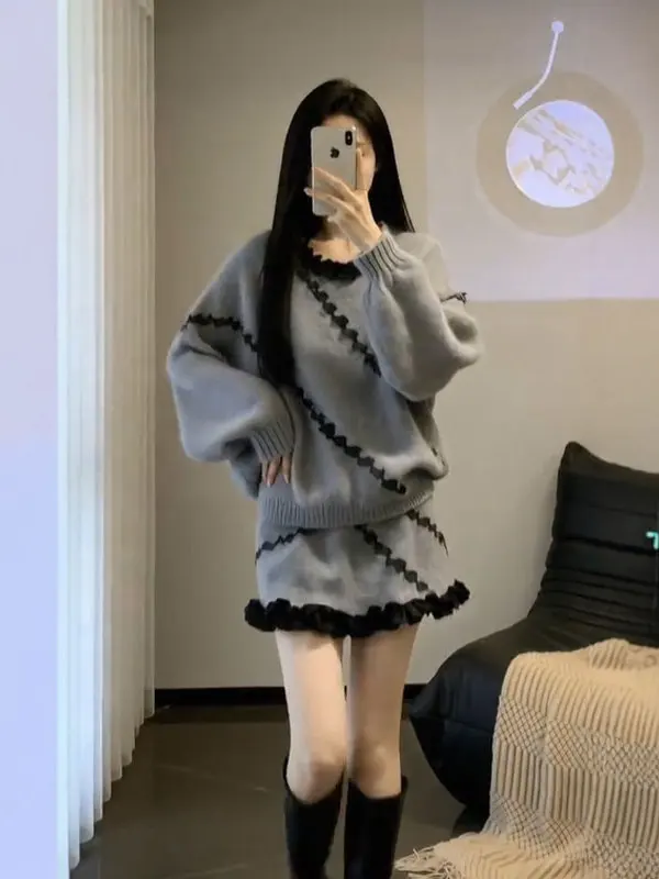 

Корейский вязаный комплект из топа и юбки: комфортный, мягкий, красивый, из двух предметов, зимний, модный, женский, с круглым вырезом