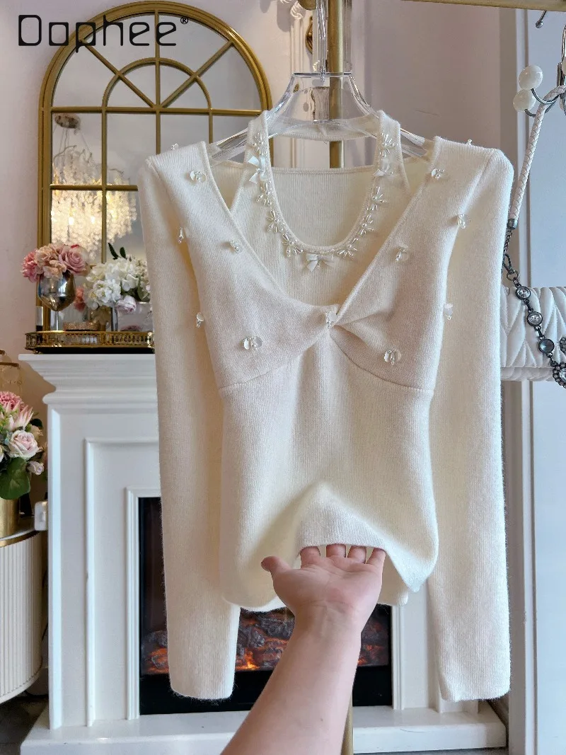 

2025 Autumn Winter New French Sweet Knitted Sweater Women Heavy Beaded Pearl Sequin Halter Neck Elegant Slim Long Sleeve Sweater