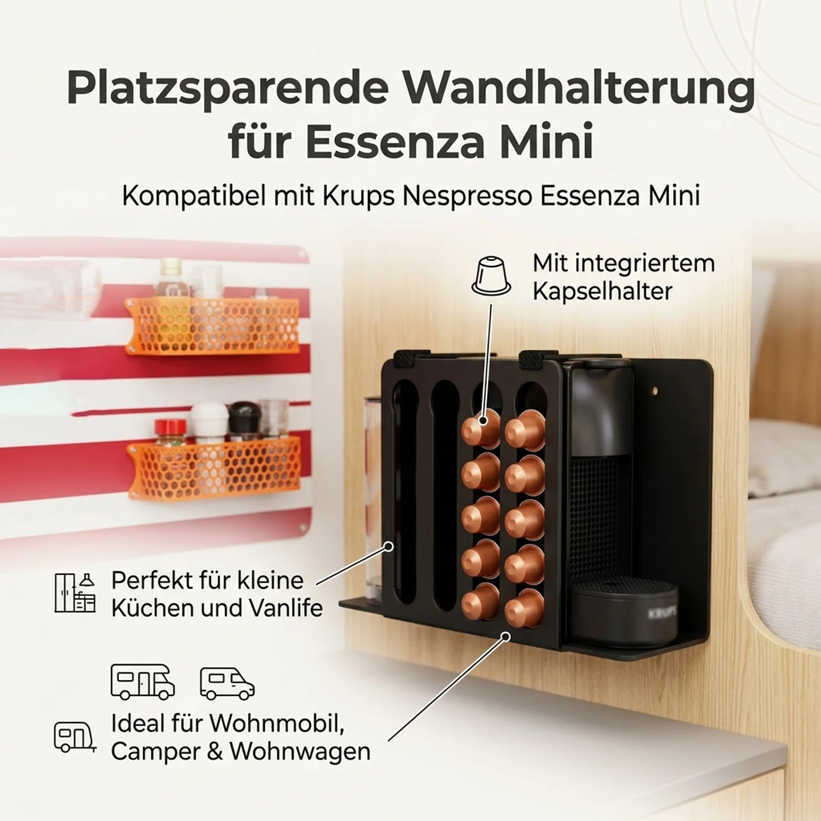 Wall mount compatible with Krups Nespresso Essenza Mini, with capsule holder, space-saving mount for motorhomes, campers, carava