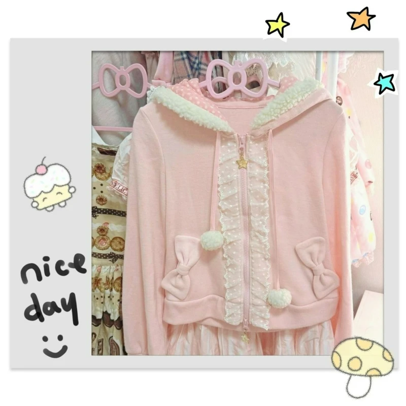Japanese Kawaii Polka Dot Rabbits Ears Hoodies Bow Pocket Lace Patchwork Women Sweet Hoody Y2k Aesthetic Pink Zipper ​Sweatshirt view 2