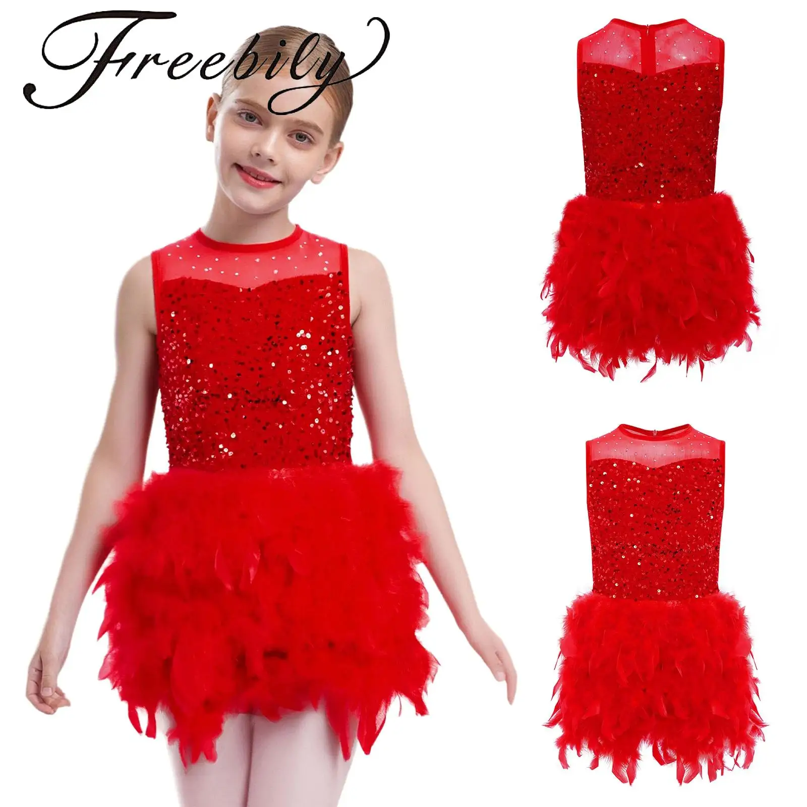 

Kids Girls Shiny Sequins Feather Velvet Dress Sleeveless Back Invisible Sheer Mesh Patchwork Dance Dress with Built-in Briefs