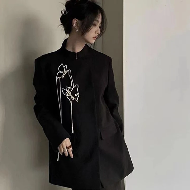 Nouveau Blazer chinois Vintage pour femmes, veste décontractée printemps/automne, corde brodée faite à la main, costume Zhongshan noir assorti pour Couple