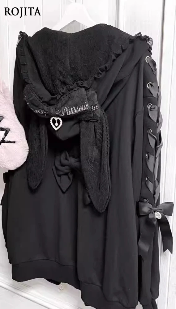 

Hoodies Women 2025 Autumn New Sweet Bunny Ear Lace Hooded Sweatshirt for Women Cute Loose Tie Long Sleeve Jacket