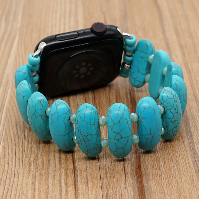 UTHAI Niche Turquoise Semi-Precious Stone Blue Crystal Strap for Apple Watch Band 38 40 42 44mm Bracelet iWatch Series 7 6 5 4 3