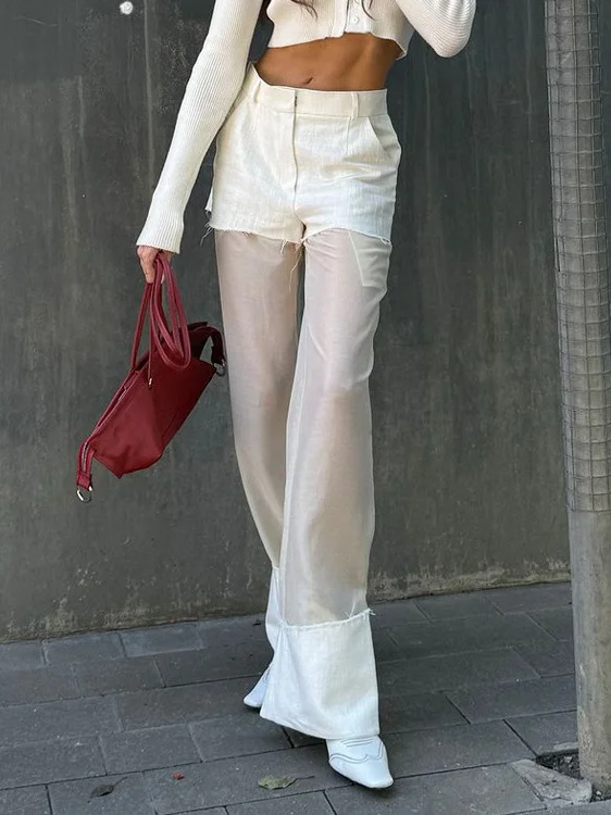 Street Style High Waist Wide Leg Pants Women's See through Casual Trousers Fashionable Patchwork Long Pants Polyester Fiber