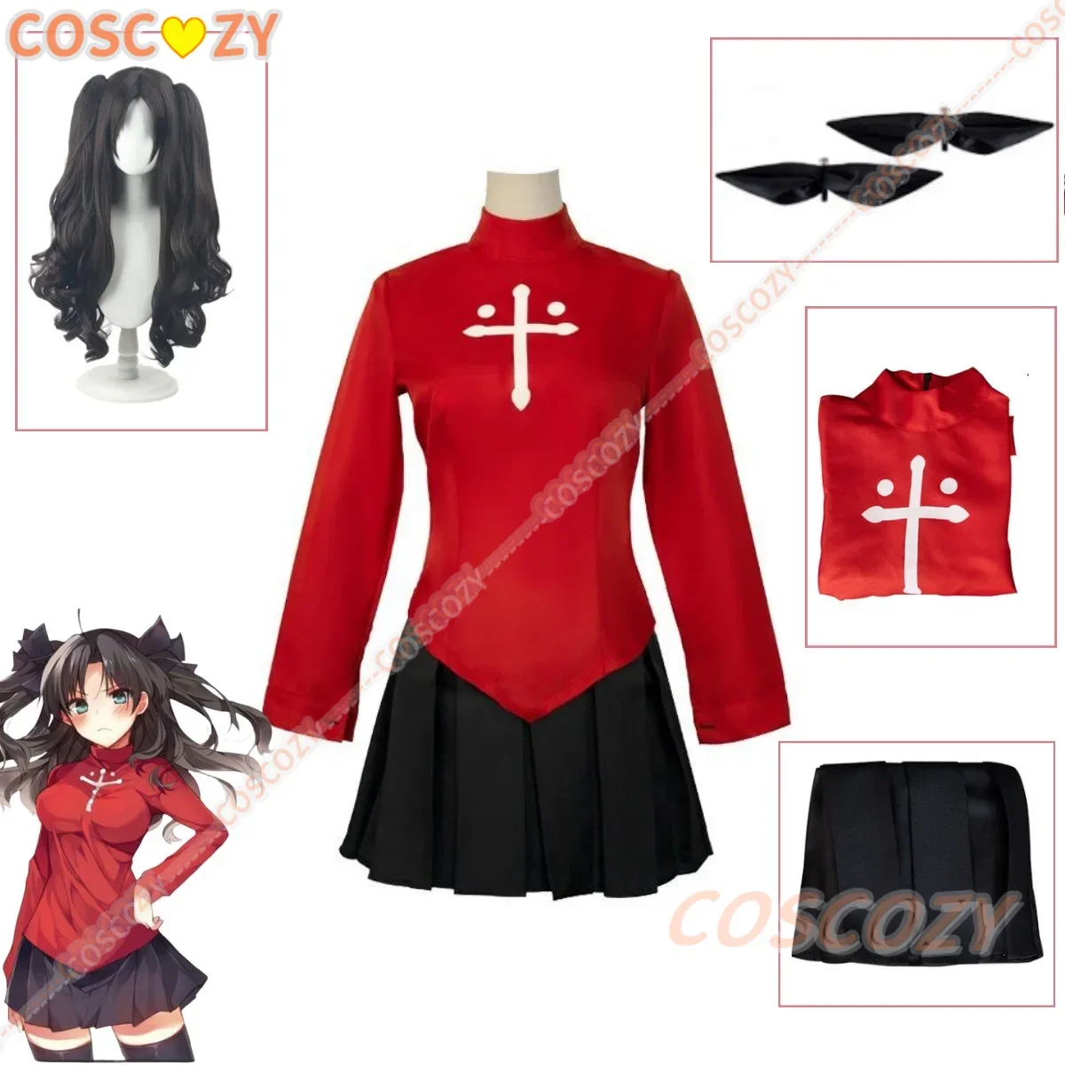 Anime Game Fate/Stay Night Tohsaka Rin Cosplay Costume Wig Red Long Sleeved Uniform Necklace Woman Sexy Kawaii Halloween Suit