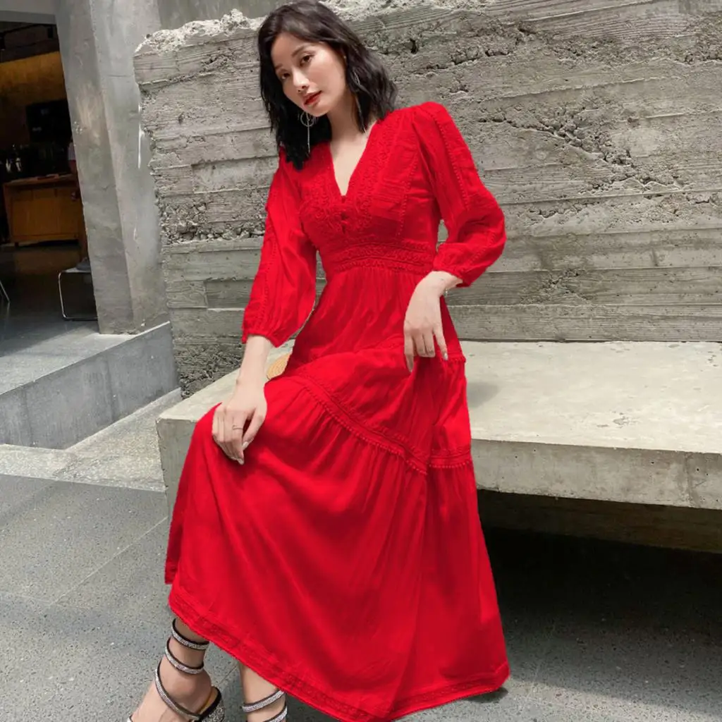 Jaastie V-Neck Spring Autumn Dress Women Bohemian Retro Embroidery Long Dresses Hippie Casual Boho Beach Holiday Maxi Dress