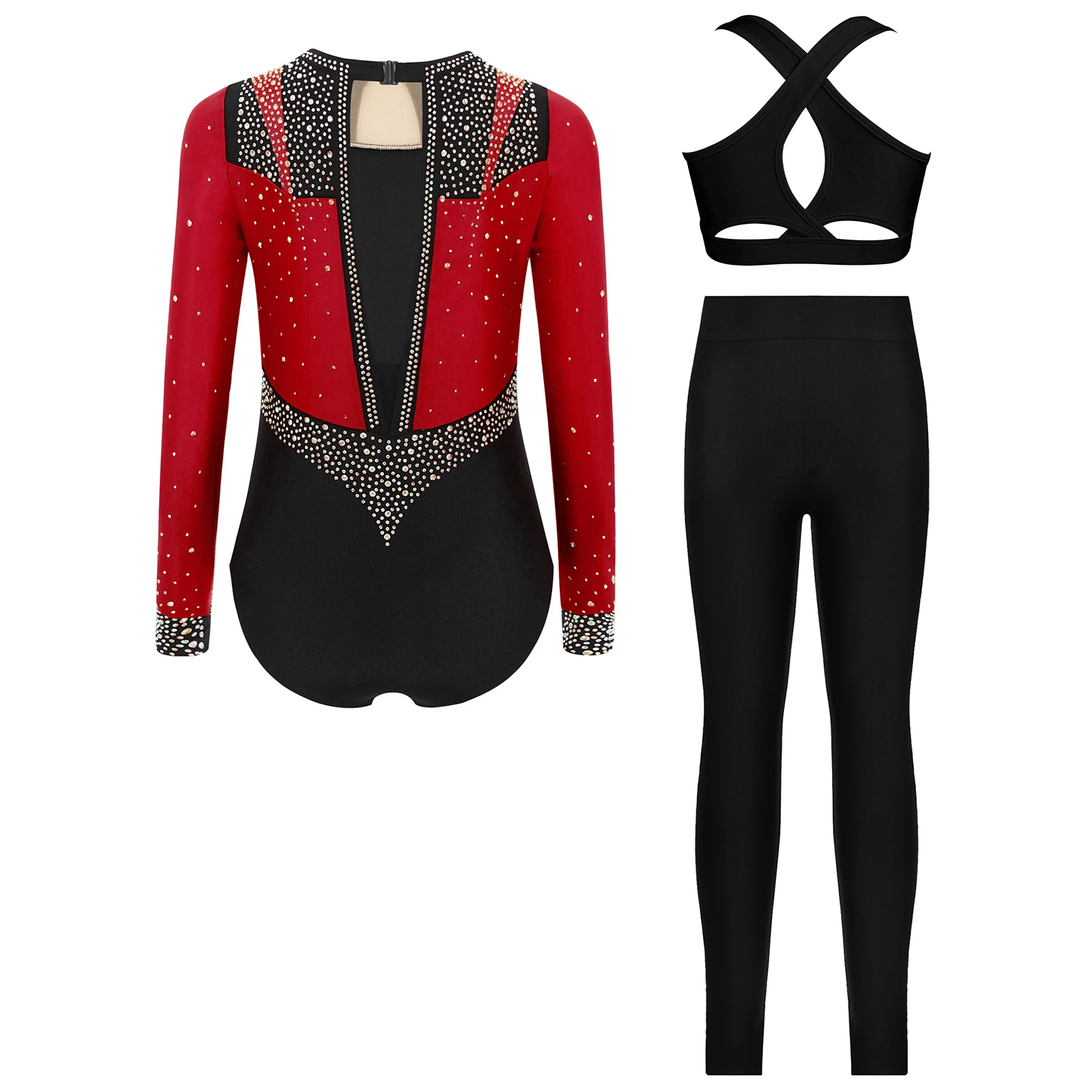 Kinder Mädchen 3-teiliges Gymnastik-Ballett-Tanz-Trikot-Outfit, langärmelig, Schlüsselloch-Rücken, glänzender Patchwork-Trikot + Weste, Top + Leggings-Set