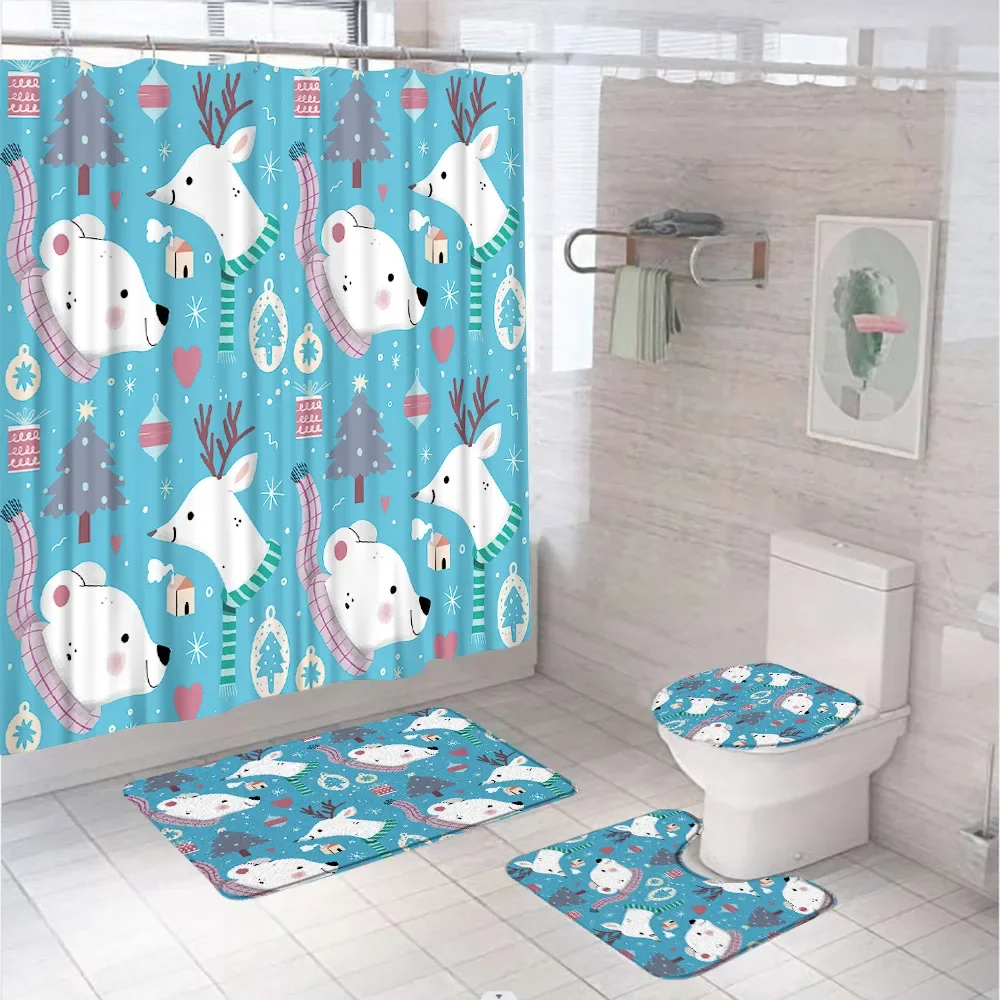 Winter Cute White Bear Shower Curtain Set Non-Slip Rug Toilet Lid Cover Bath Mat Xmas Tree Snowflake Christmas Gift Tub Curtains