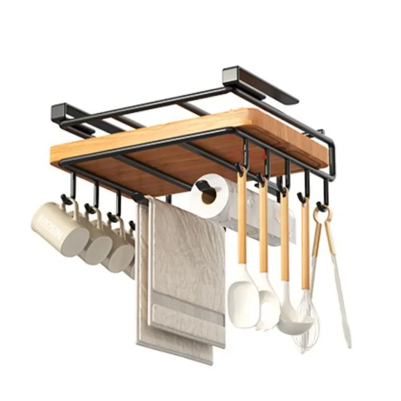 Kitchen Hanging Organizer Rack with Hooks Under Cupboard Paper Towel Rags Hanger Cutting Board Pot Cover Holder Storage Shelf