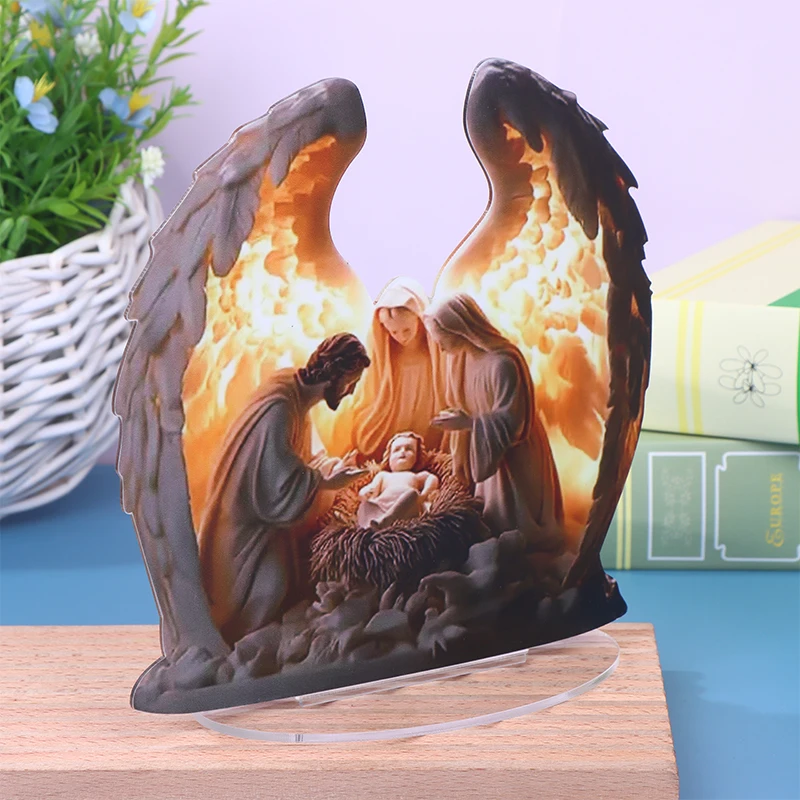 تمثال مشهد ميلاد عيد الميلاد - تمثال أكريليك للعائلة المقدسة لرف الموقد، ديكور قطعة مركزية دينية #3