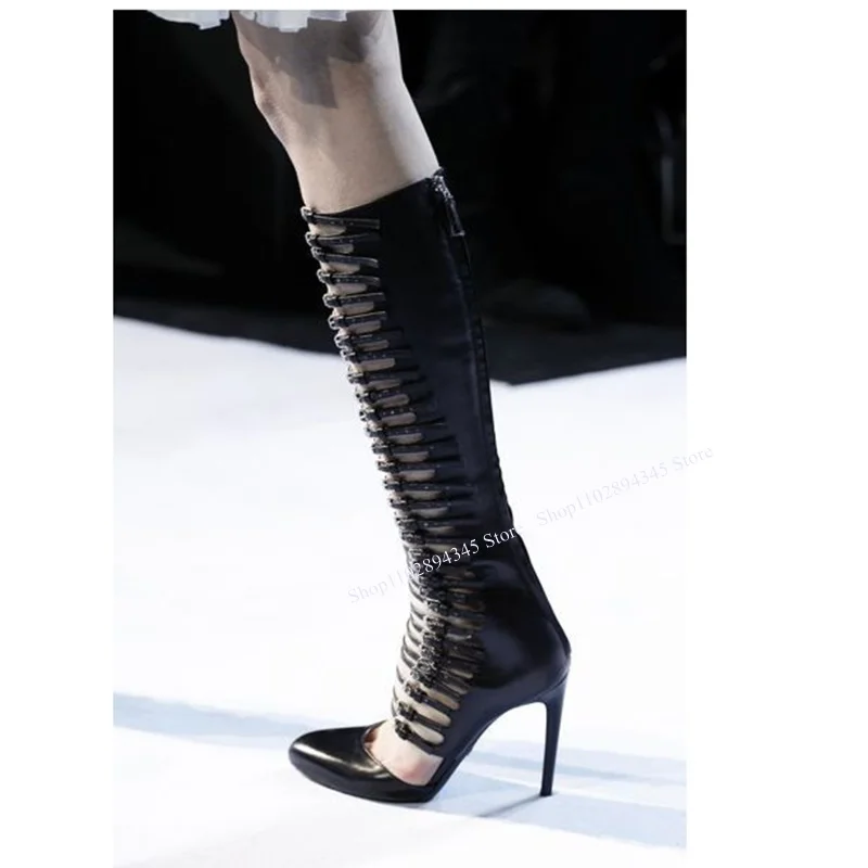 

Black Hollow Buckle Pumps Knee High Thin High Heel Fashion Cool Sexy 2023 Winter Casual Big Size Woman Shoes Zapatillas Mujer