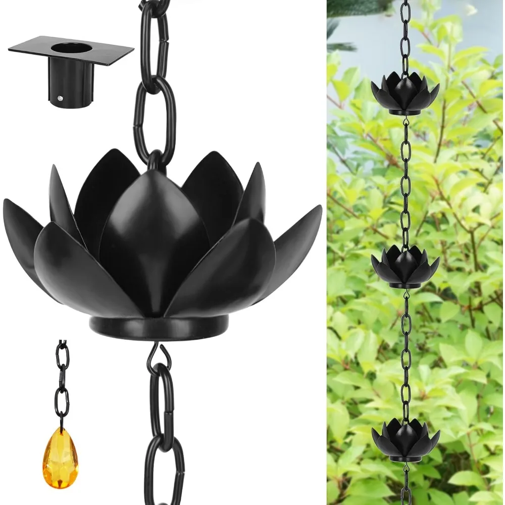 

Copper Rain Chain for Drainage Ditch, Black Plated Lotus Rain Chain Cup, 8.5-foot Downspout