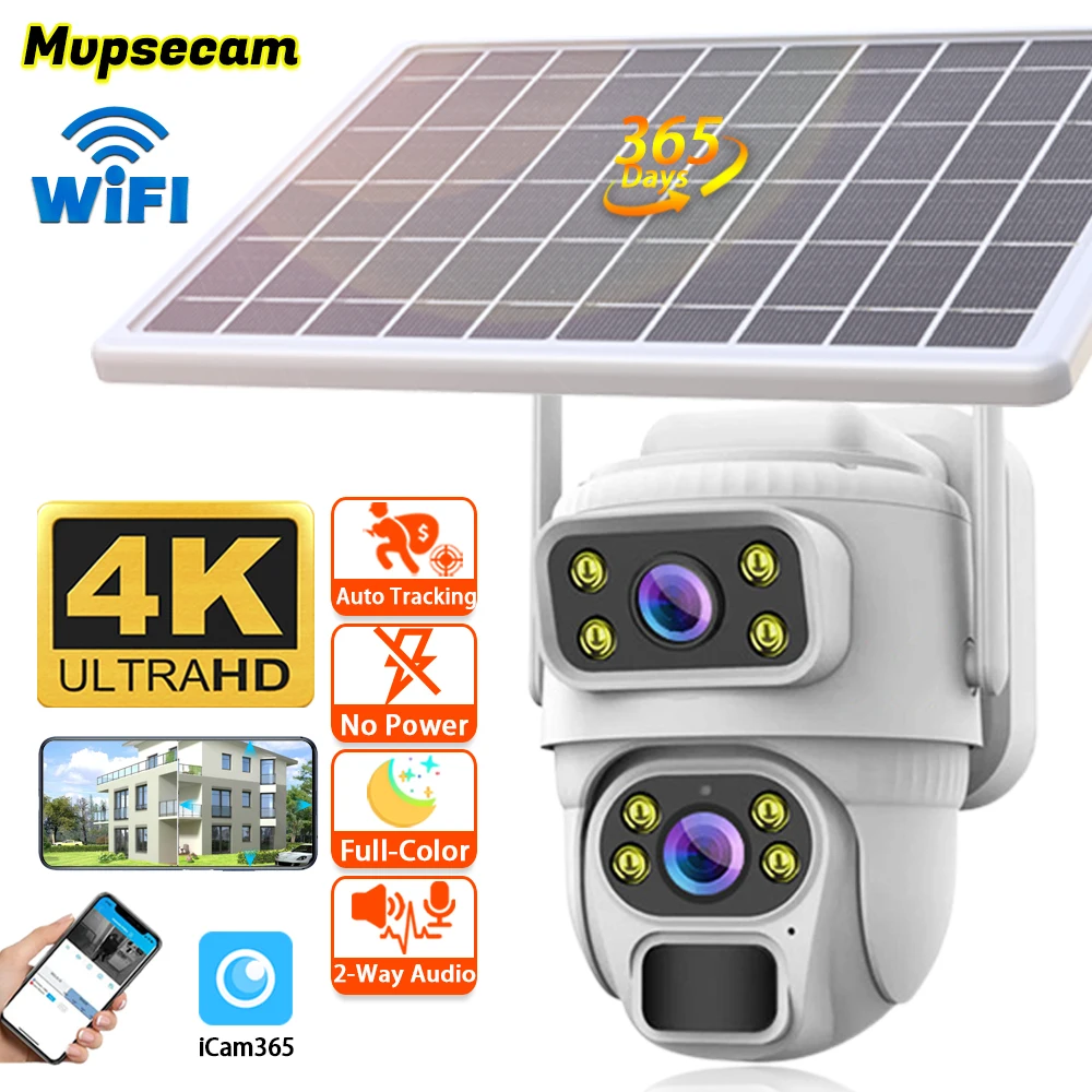 

Smart WIFI Surveillance Camera with Solar Panel 8MP Dual Lens Outdoor Wireless Battery Camera PTZ CCTV PIR Detection Smart Phone