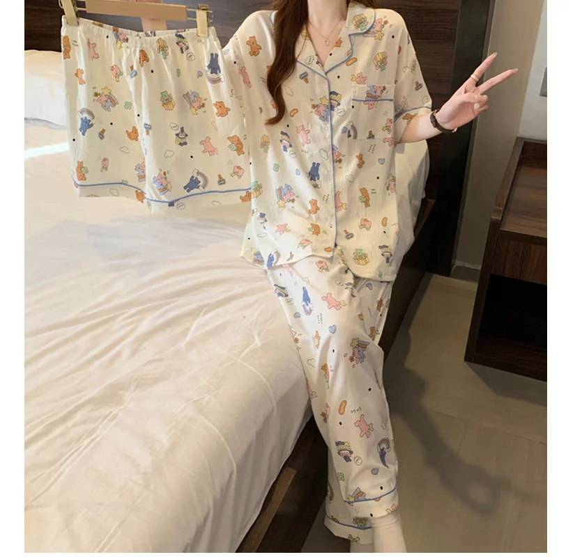 ملابس منزلية نسائية ثلاث قطع طية صدر السترة كارتونية طقم شورت طويل مكون من بيجامات بناتي عصرية فضفاضة ومريحة قابلة للتنفس #4