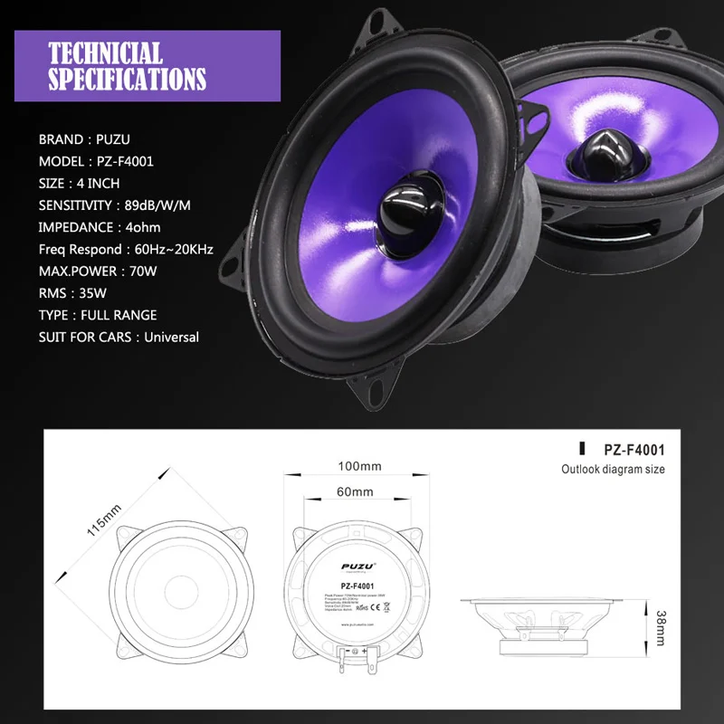 2pcs 4 Inch 70W Full Range Frequency Car Speaker with Non-destructive Installation Heavy Mid-bass Ultra-thin Modified Speakers