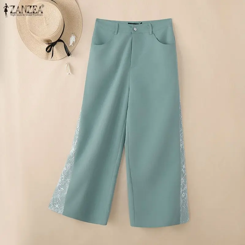 2026 ZANZEA أزياء من الدانتل بنطلون المرأة طويلة بنطال ذو قصة أرجل واسعة المرقعة عالية الخصر أنيقة عادية فضفاض مكتب بنطلونات الشارع الشهير #1