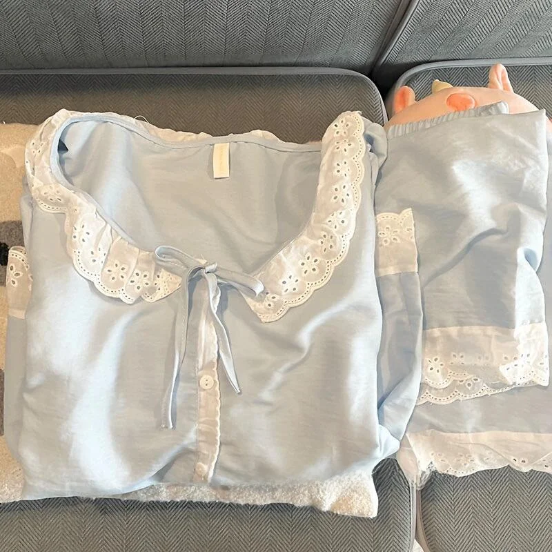 

Blue Long Sleeve Women's Nightgown Sweet Lace Trim Princess Style Home Clothes Sleepwear Comfortable Cotton Polyester Blend