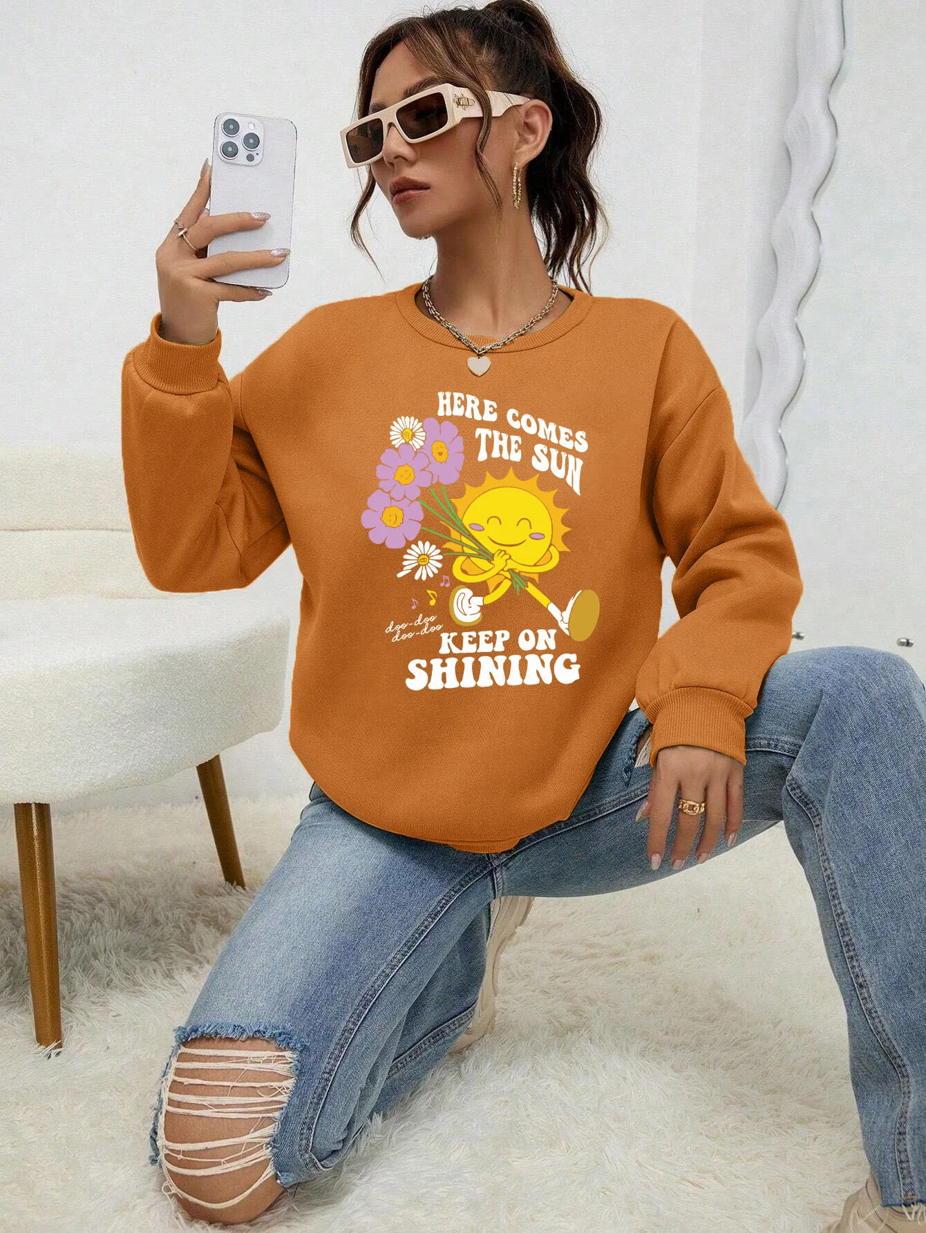 Sunflower Happy Face Art Slogan Printed Female Hoody Street Fleece Sweatshirt Hipster Hip Hop Hoodies Autumn Casual Clothing