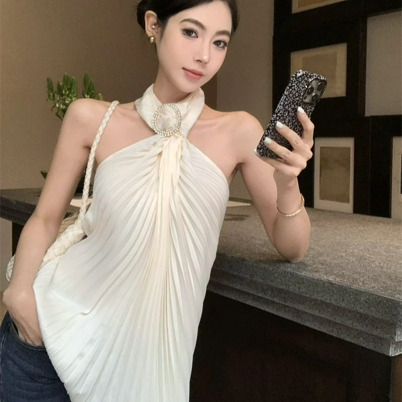 

Heavy Industry Diamond-encrusted Pleated Satin Halter-neck Backless Top for Women Summer Loose Slimming Elegant Sleeveless Vest