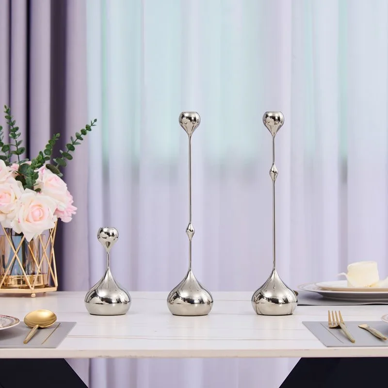 Stainless Steel Iron Electroplated Silver Teardrop Candle Holder, Luxury Tabletop Decor for Dining Room & Entryway Romantic Vibe