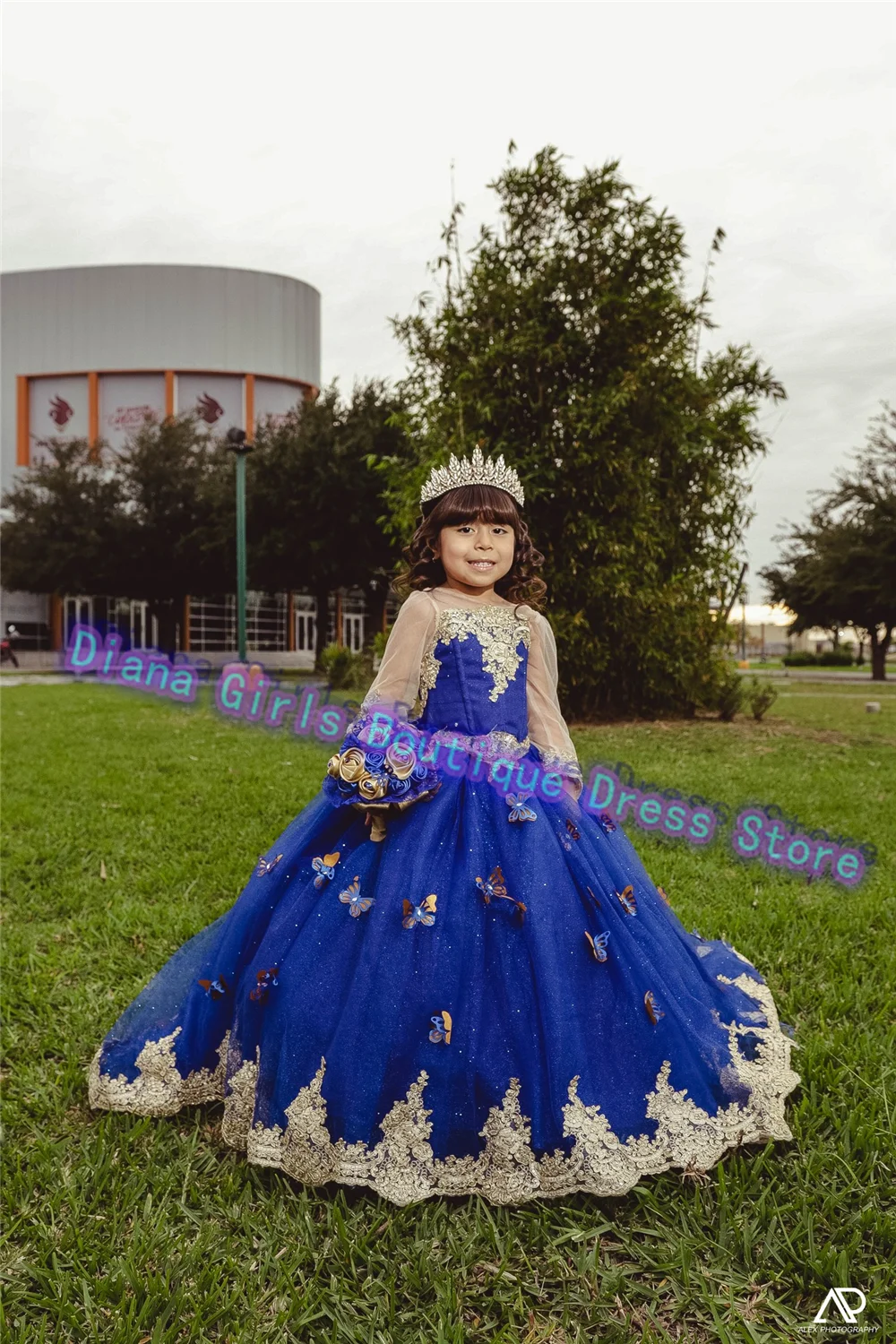 Gorgeous Blue Flower Girl Dress Tulle Fluffy With Gold Printing Butterfly Decal Wedding Kids Birthday Party Customise Gowns