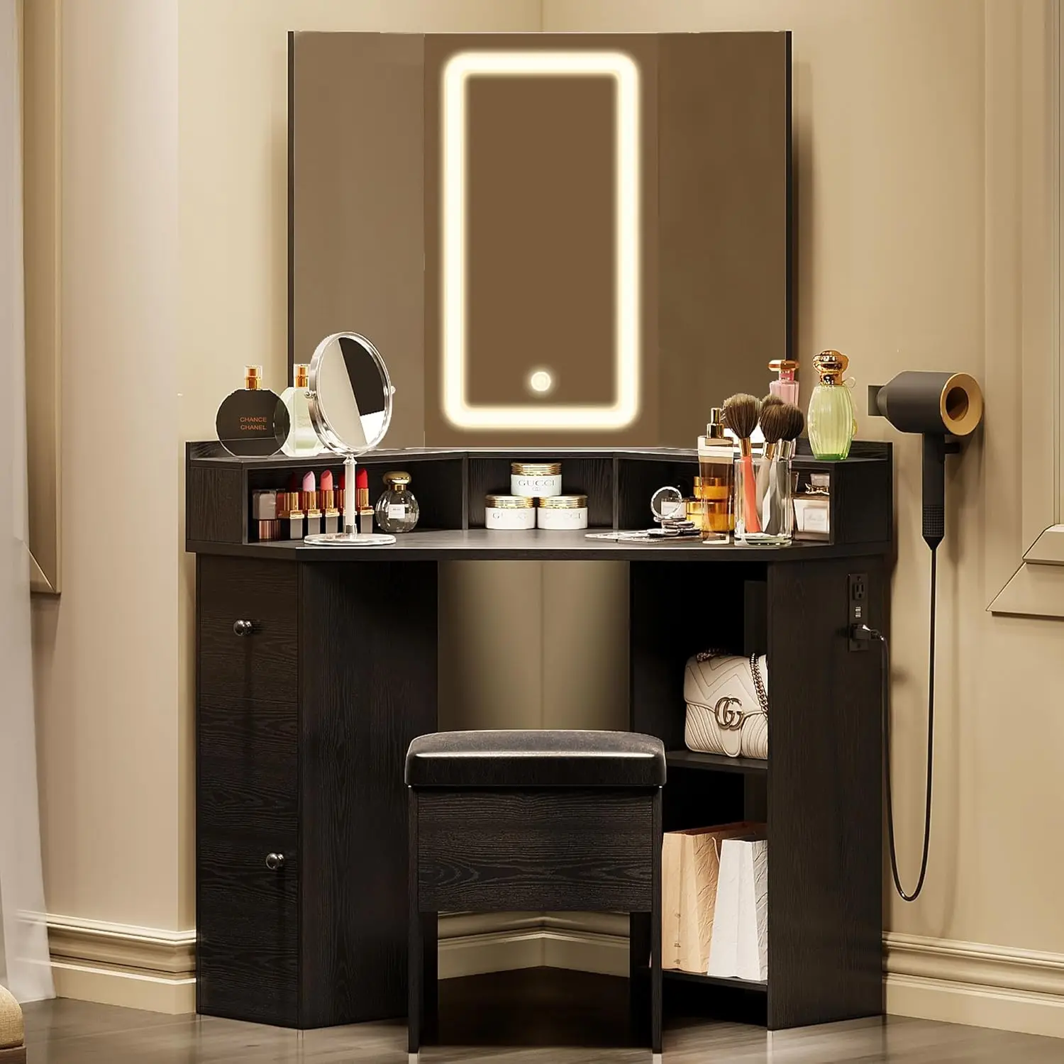 Corner Vanity Desk Set with 3-Folding Lighted Mirrors, Makeup Vanity Table with Charging Station, 7 Storage Shelves and Storage