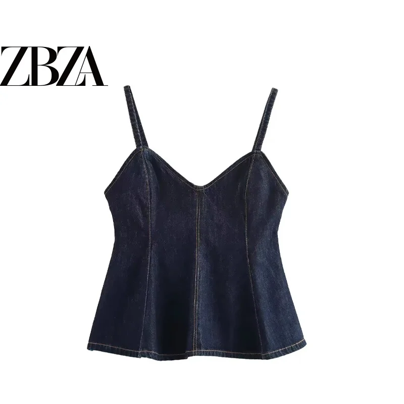 Women's Loose Fit V-Neck Denim Top with Narrow Strap And Wide Hemline European Style Polyester Fiber Summer Season Single Piece
