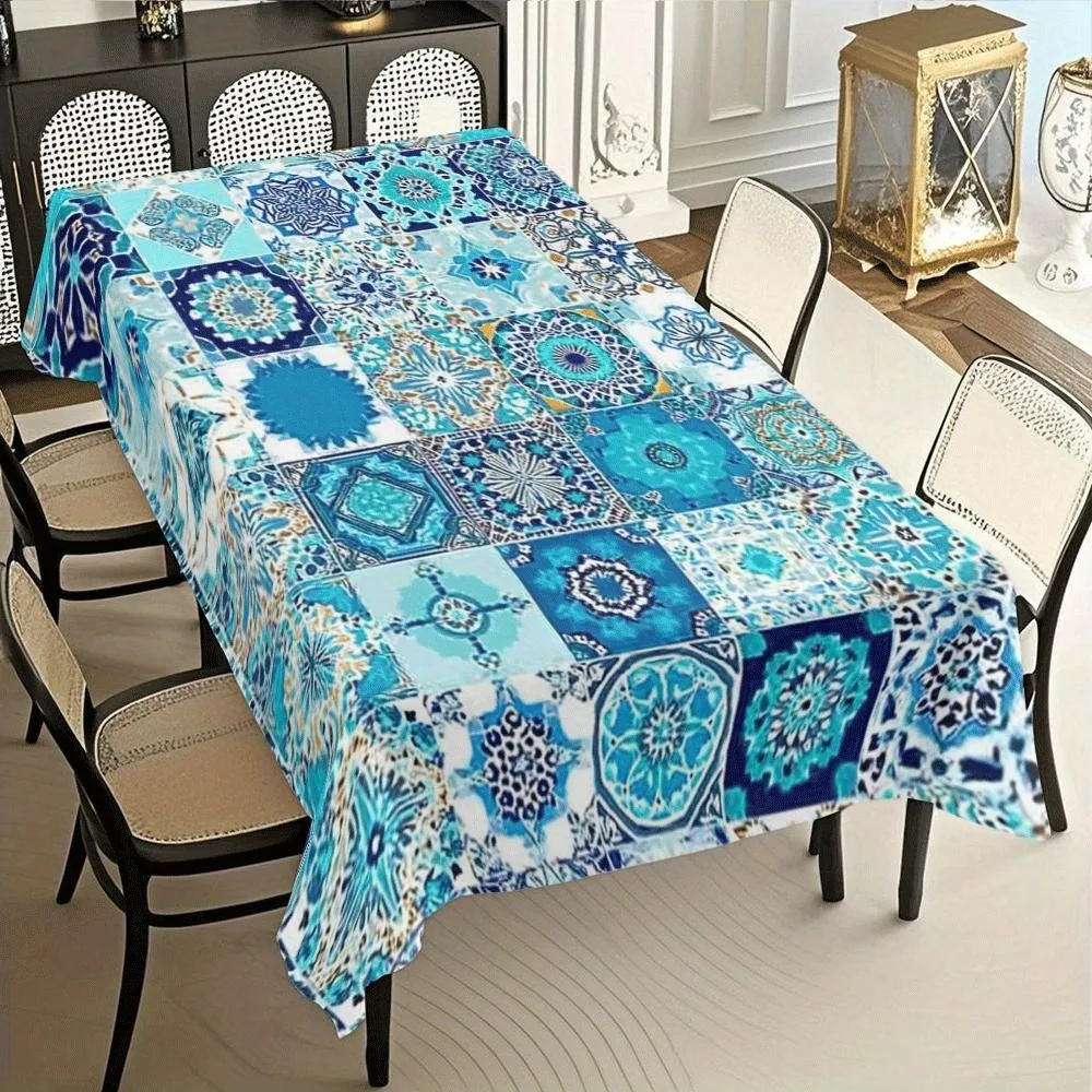【2D】Tablecovers 1pc - Blue-green and blue Moroccan tile continuous design polyester tableclothzyc