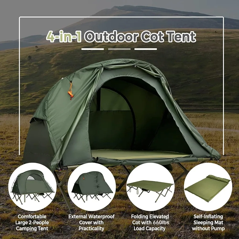 2-Person Tent Cot, 4-in-1 Folding Tents, Self-Inflating Mattress & Roller Carrying Bag, Portable Off Ground Elevated Tent