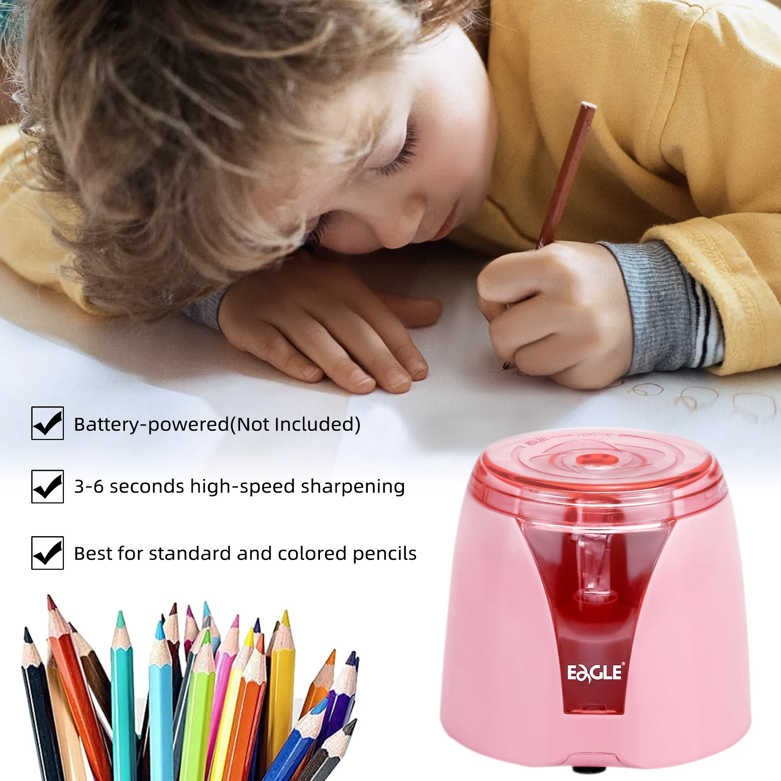 Eagle Auto Electric Pencil Sharpener, Battery Operated, Replaceable Blade, Office School Supplies Stationery