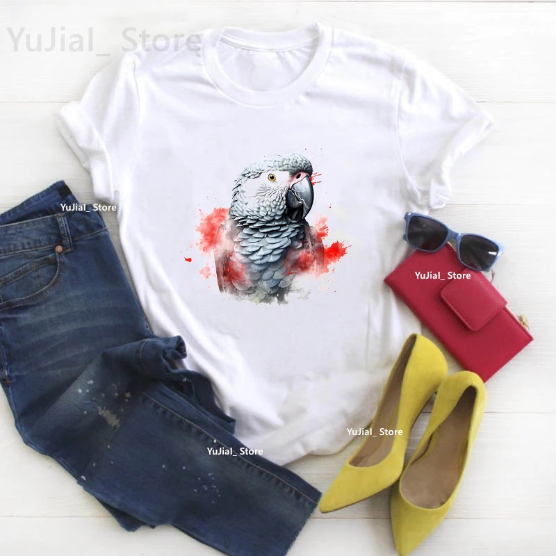 African Grey Parrot Bird Print T Shirt Women'S Clothing Summer Fashion Short Sleeve T-Shirt Female Harajuku Shirt Streetwear