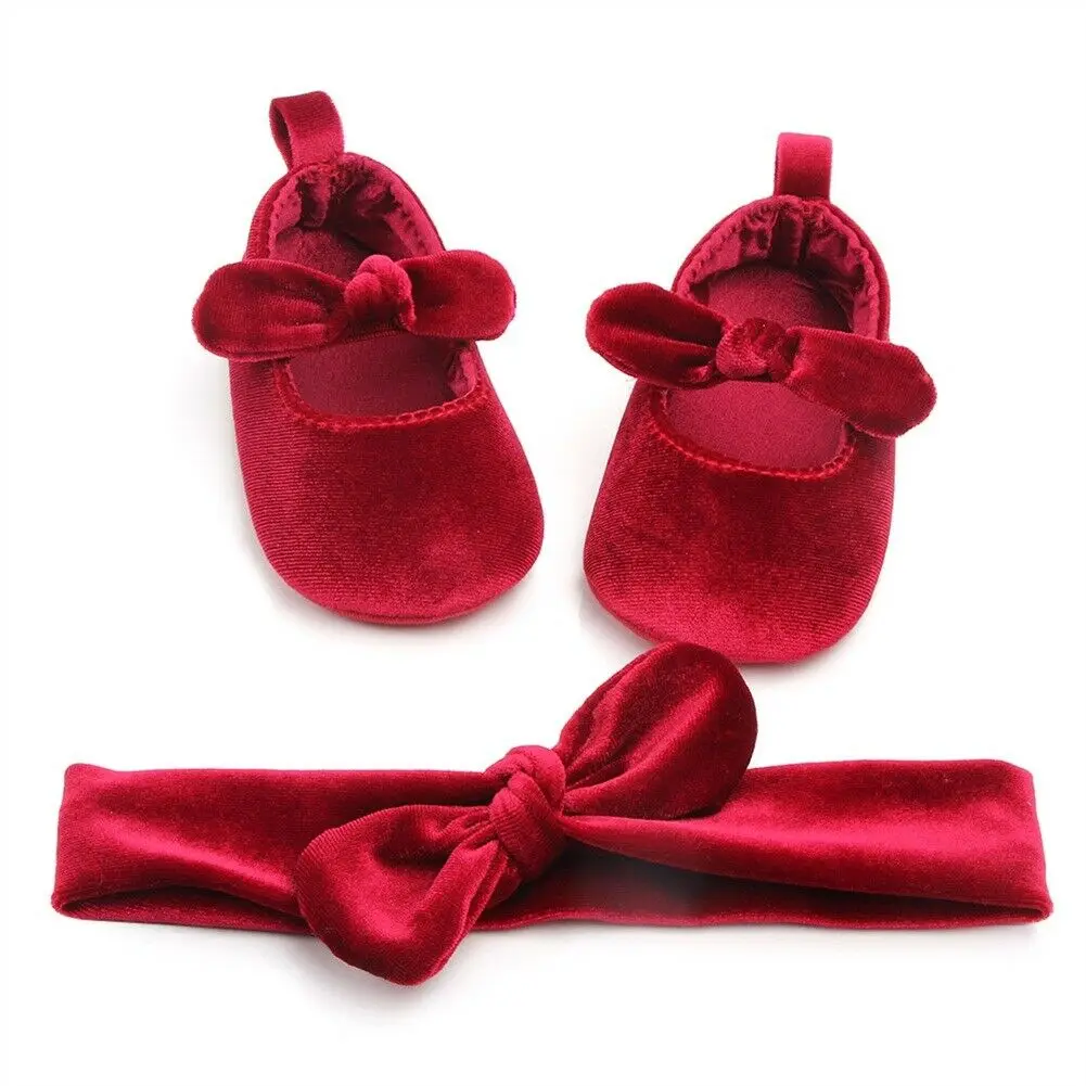 

Newborn Infant Cute Baby Girl Bowknot Crib Shoes+Hairband Soft Sole Shoes Prewalker Princess Velvet Bow Birthday Party Shoes