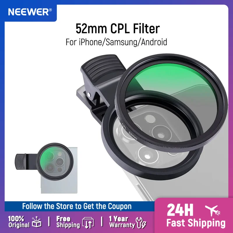 

NEEWER 52mm CPL Filter for Phone Clip On Circular Polarizing Lens Filter for iPhone Samsung Galaxy Android DSLR Camera