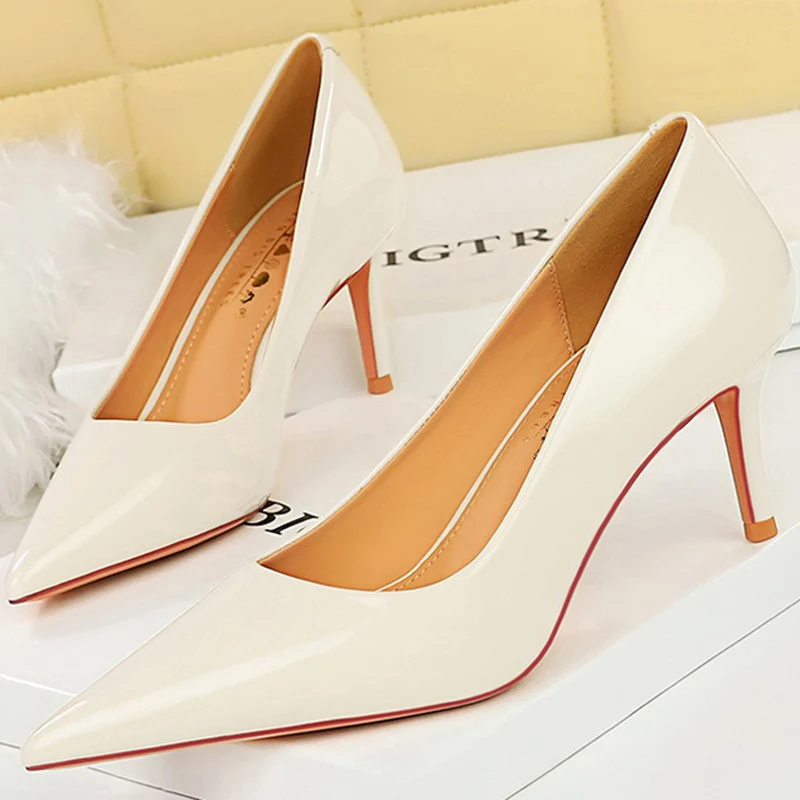 BIGTREE Fashion Women Simplicity Glossy Patent Leather 7cm Thin High Heels Pumps Shallow Pointed Toe Lady Shoes Red Nude Green