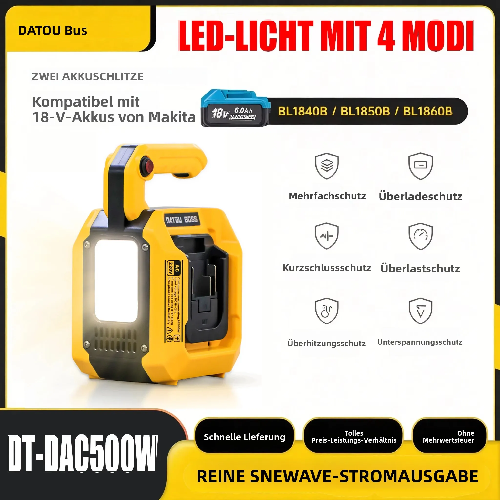 DATOUBOSS 500W Reiner Sinus-Wechselrichter 18V Batterie 220V AC-Ausgang Typ-C PD Schnellladung Tragbare Powerstation mit 1 USB-A & 2 USB-C Anschlüssen 500 LM LED-Licht für Notfälle