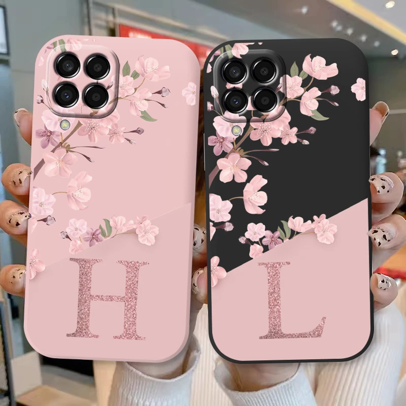 Initial Letter A Z Case For Samsung Galaxy M33 M53 5G Cover Pink Flowers Soft Silicone Back Funda For Samsung M 33 Coque Bumper