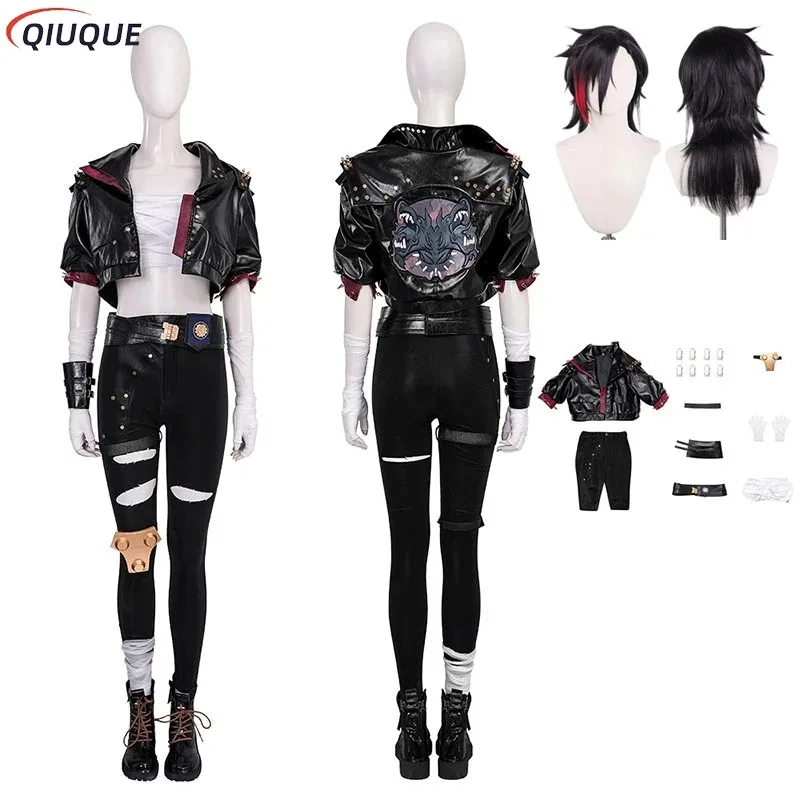 Anime arcane temporada 2 vi cosplay traje peruca jogo lol o piltover enrcer casaco de couro preto calças comic con terno