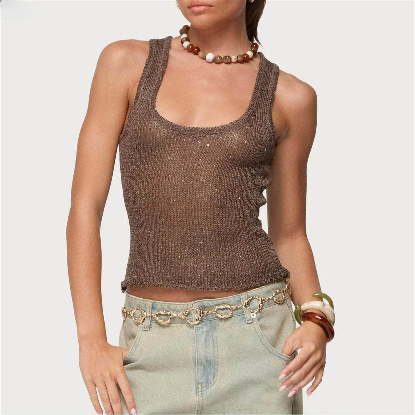 

Sexy Sparkling Knitted Vest LinJ New Style Summer Outerwear Base Layer Sleeveless Top Trendy U-Neckline Casual Unisex