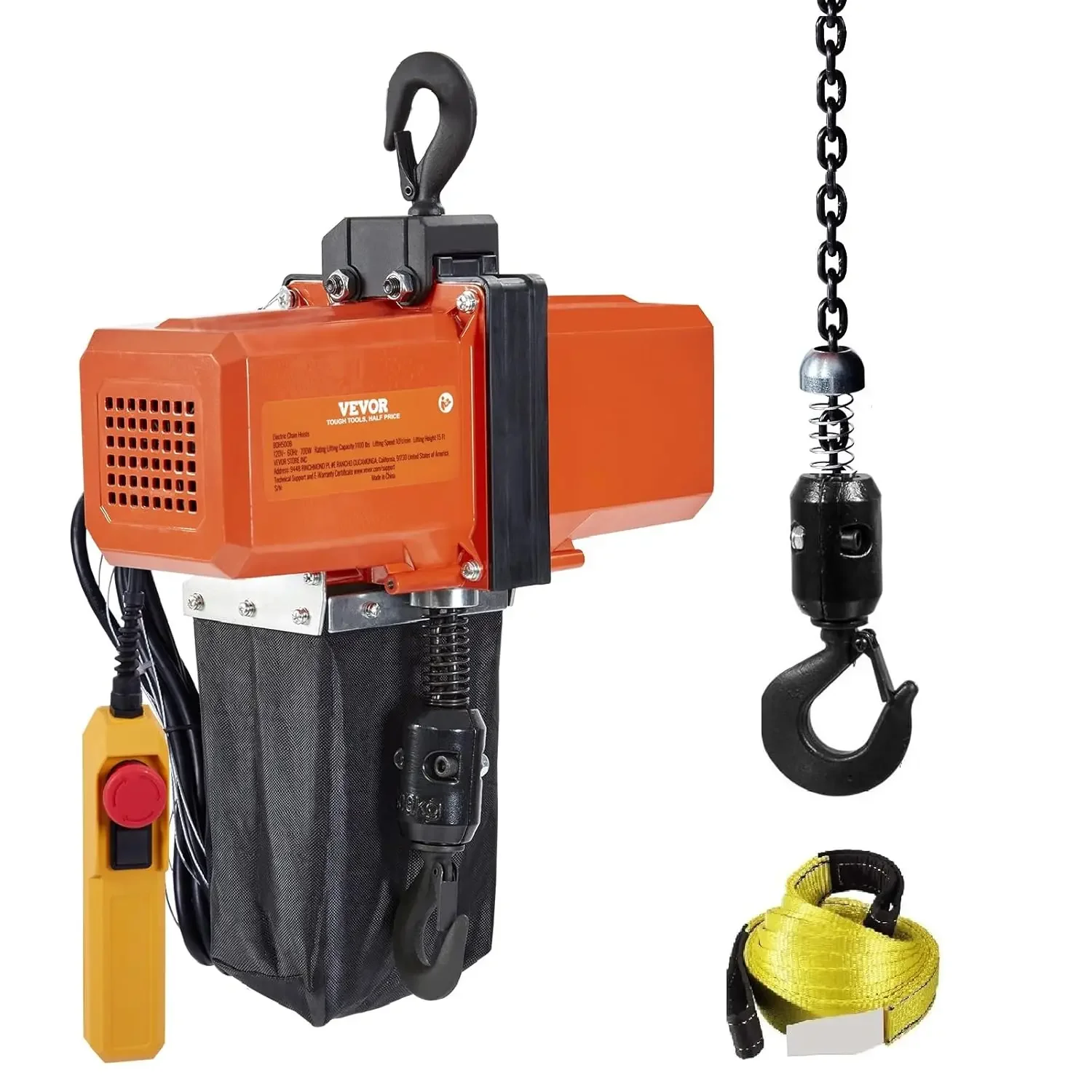 1100 lbs Electric Chain Hoist 15 FT Lifting Height, 120V Electric Hoist, Single Phase Overhead Crane with G100 Chain, 10 ft