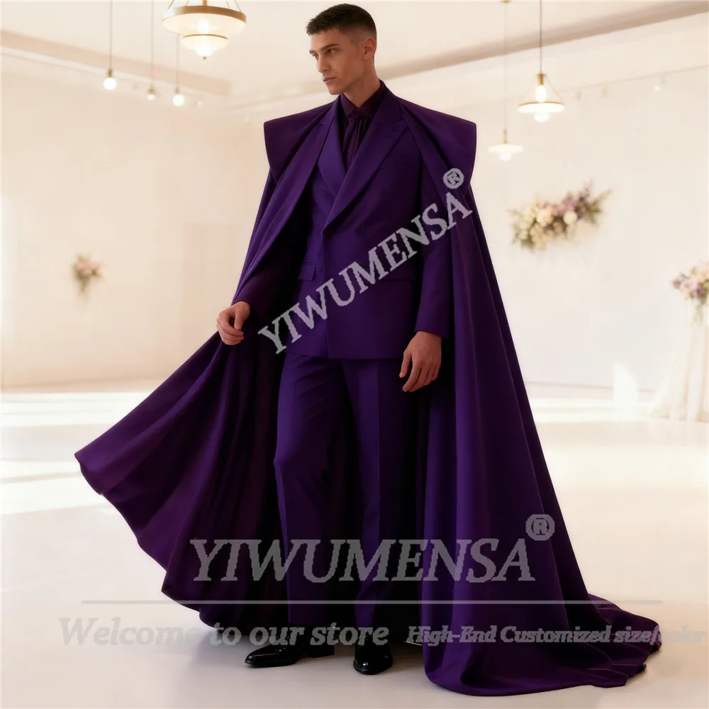 Эксклюзивные фиолетовые однотонные свадебные смокинги для жениха, приталенные двубортные пиджаки с накидкой, длинные индивидуальные комплекты из трех предметов, Ropa Hombre