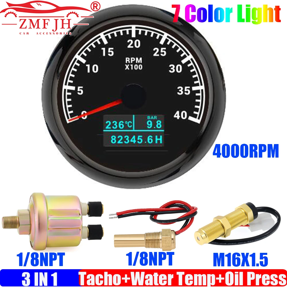 

ZMFJH 3000 ~ 8000 об/мин, 85 мм, тахометр + температура воды + давление масла с датчиком, 7 цветов, многофункциональный измеритель света для автомобиля, лодки